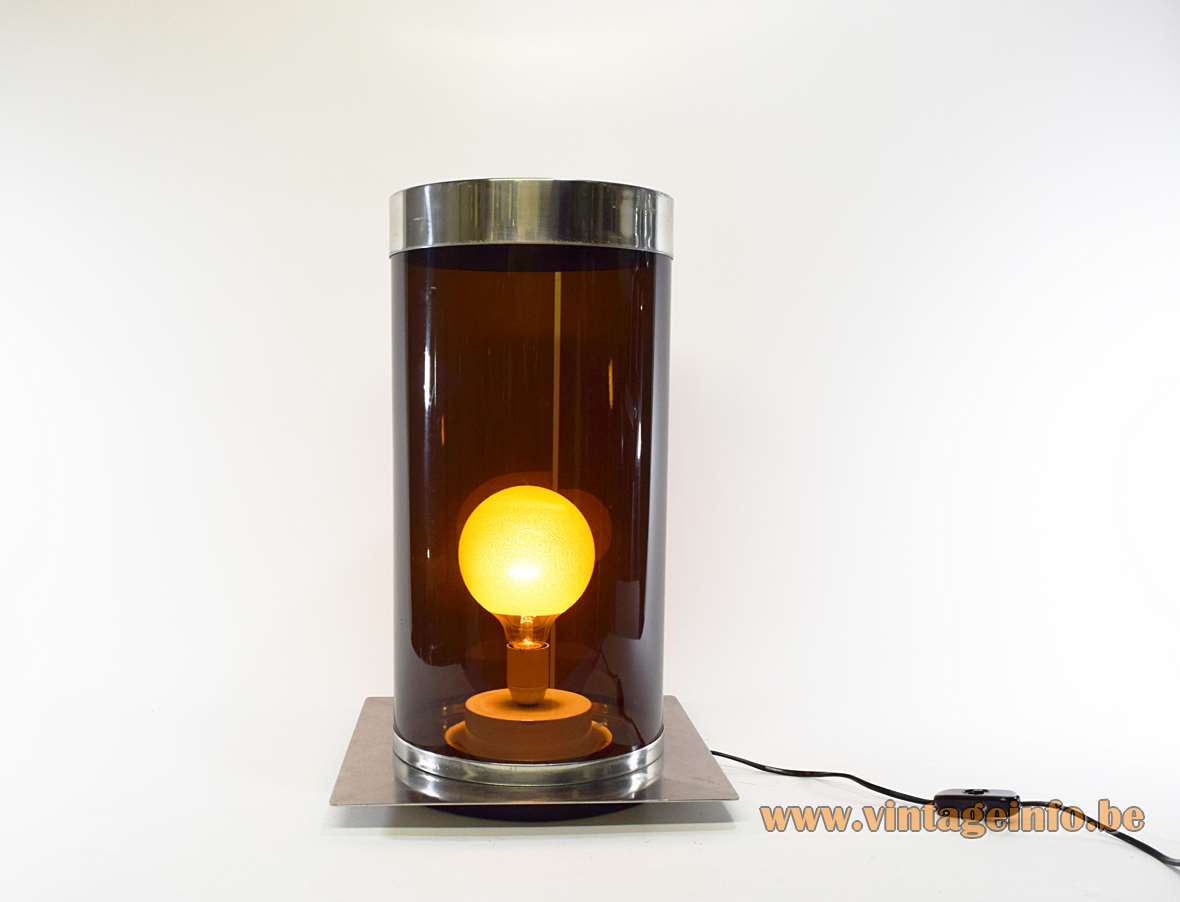 Smoked acrylic tube floor lamp square stainless steel base and brown translucent Perspex pipe 1960s 1970s