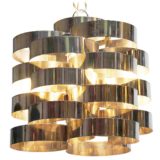 Stainless steel cylinders chandelier stacked metal Inox rings chrome chain Italy 1970s Mid-Century Modern E14 sockets