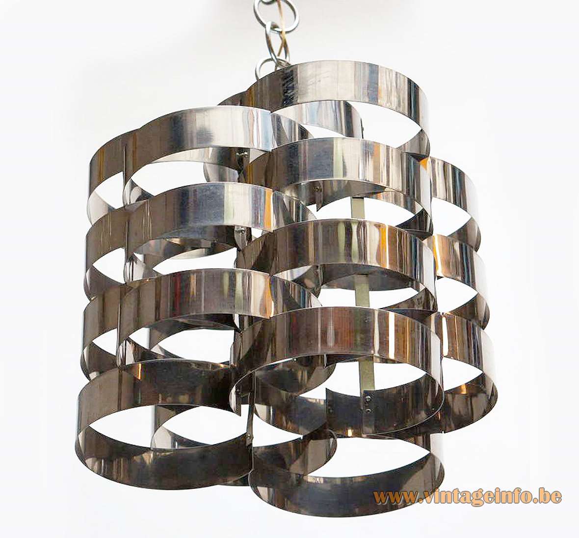 Stainless steel cylinders chandelier stacked metal Inox rings chrome chain Italy 1970s Mid-Century Modern E14 sockets