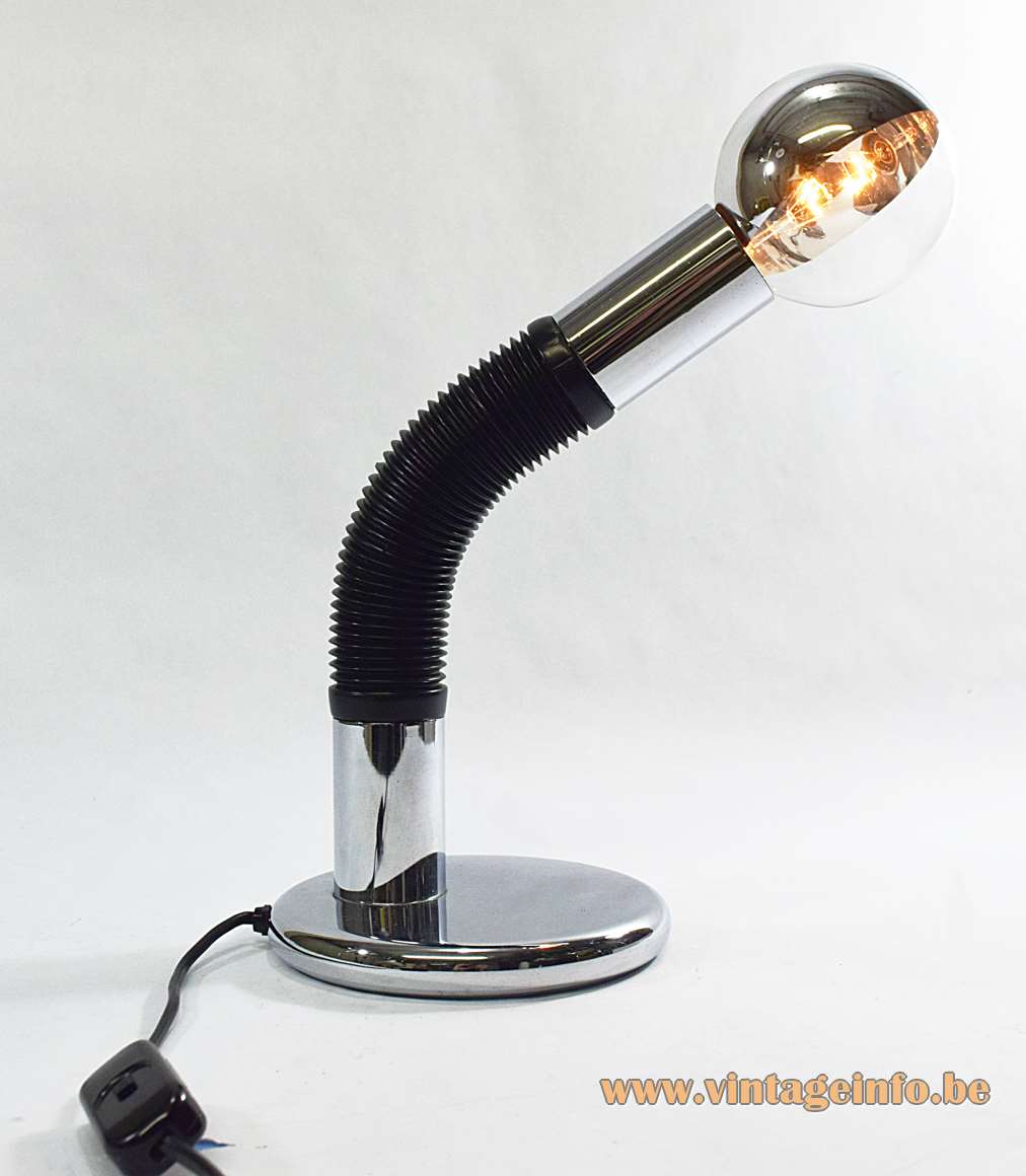 Targetti Sankey Elbow desk lamp chrome base black plastic gooseneck globe side mirror bulb Bendy 1970s, 1980s