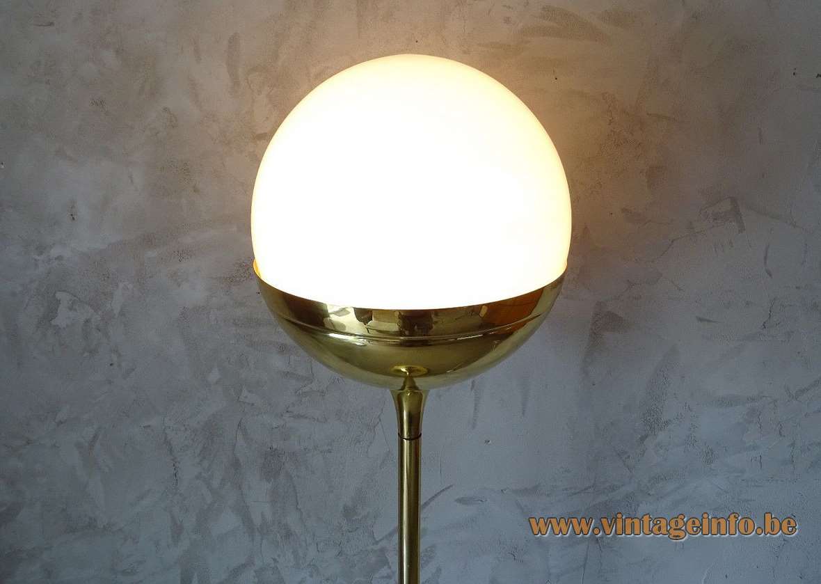 Vereinigte Werkstätten brass globe floor lamp long rod white opal glass lampshade built-in dimmer 1970s Germany 