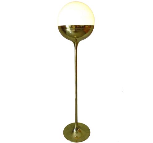 Vereinigte Werkstätten brass globe floor lamp long rod white opal glass lampshade built-in dimmer 1970s Germany