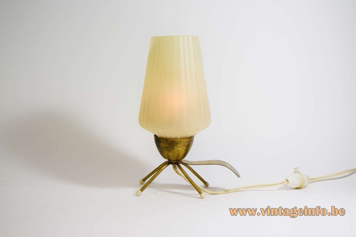 1950s four-legged bedside lamp table with brass feet and handle white opal plastic lampshade 1960s