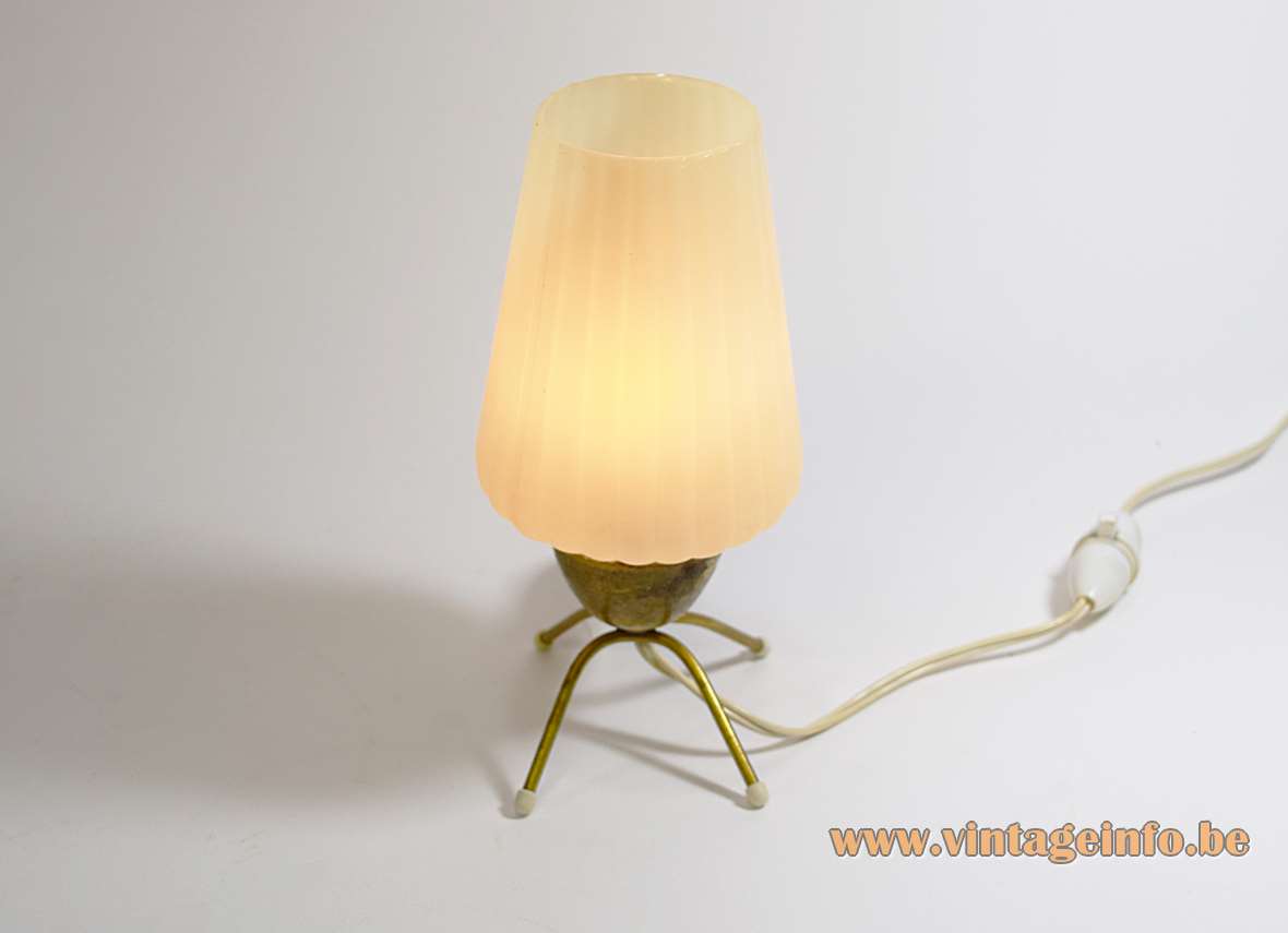 1950s four-legged bedside lamp table with brass feet and handle white opal plastic lampshade 1960s