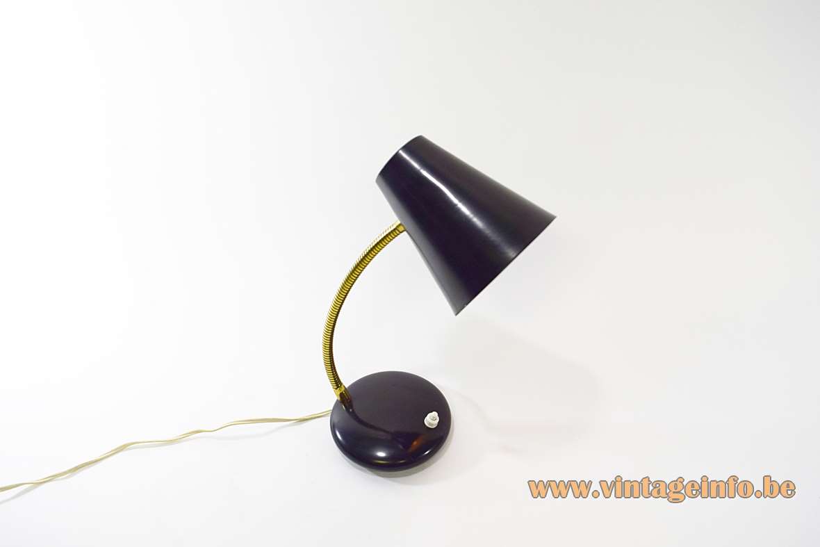 1960s black desk lamp round base brass gooseneck conical aluminium lampshade 1970s Massive Belgium E27 socket