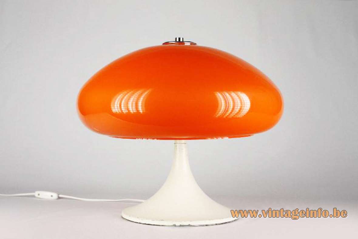 Joan Antoni Blanc Tramo mushroom table lamp white round base orange acrylic lampshade 1960s 1970s Spain