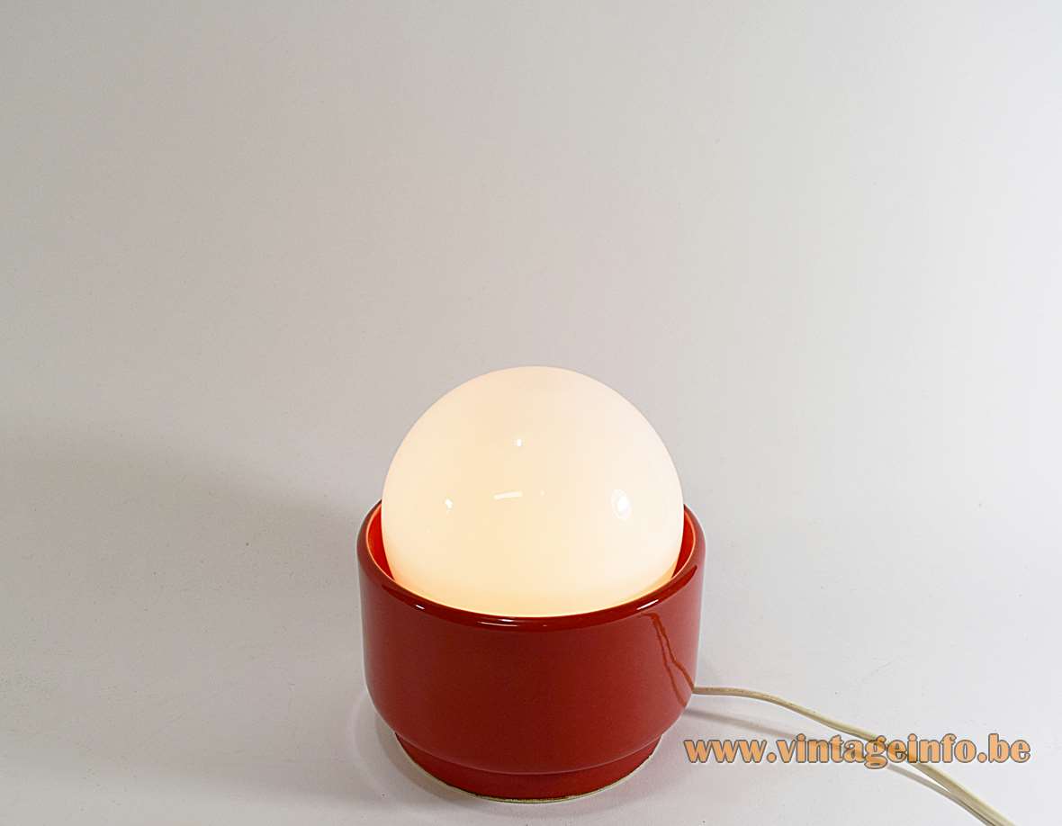 Round red porcelain table lamp ceramic base white opal glass globe lampshade 1970s Traudl Brunnquell Germany