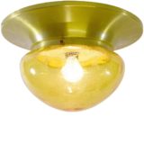 1970s amber glass flush mount ceiling lamp round gold aluminium base bubble glass lampshade Dijkstra 1960s