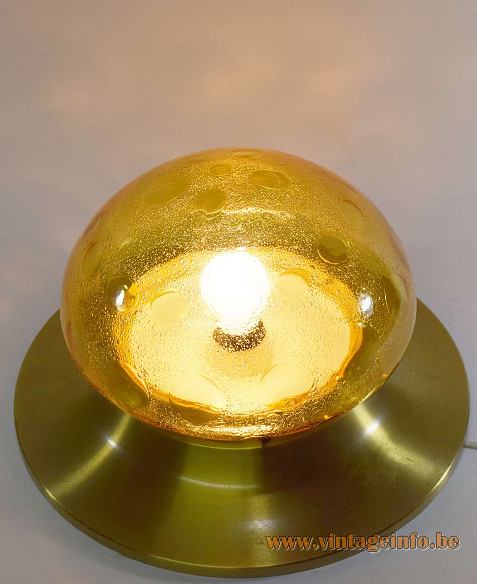 1970s amber glass flush mount ceiling lamp round gold aluminium base bubble glass lampshade Dijkstra 1960s