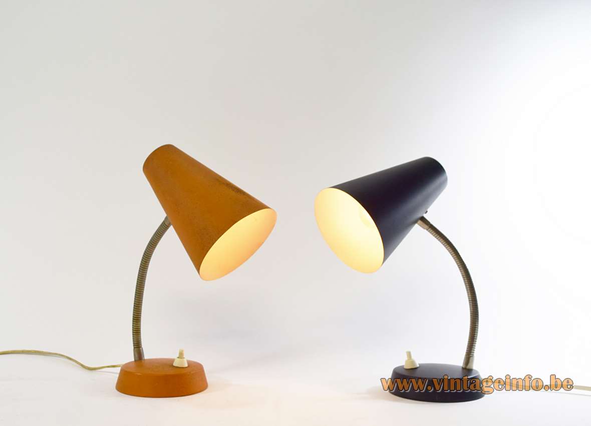 1970s East German desk lamps round metal conical base & lampshade chrome gooseneck VEB Leuchtenbau 1960s