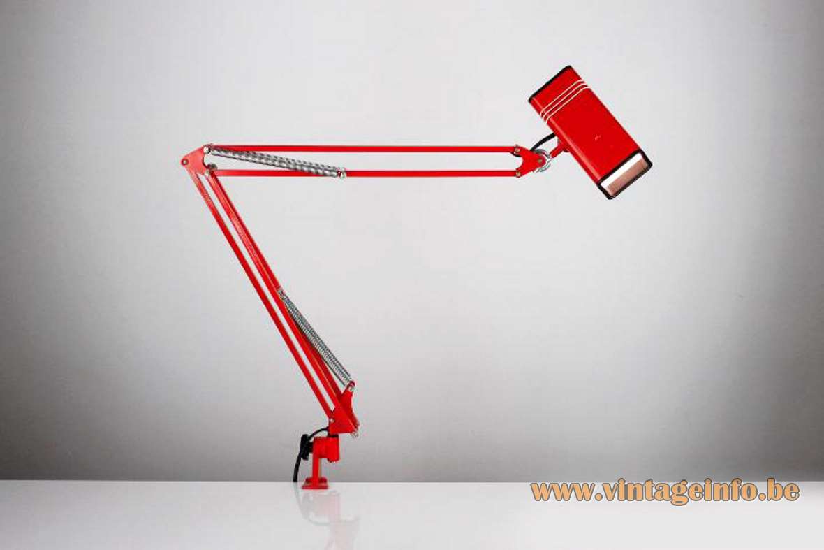 1970s Fase architect clamp lamp red square beam elongated slots lampshade foldable adjustable rods 1980s Spain 