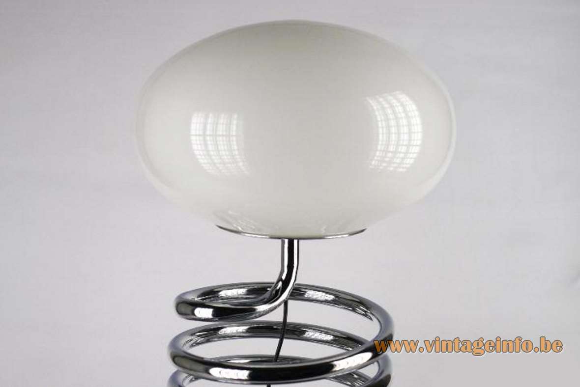 1970s Fase spiral table lamp chrome metal spring white opal oval glass globe Ingo Maurer 1960s