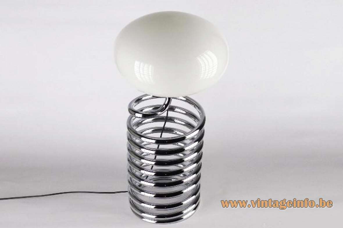 1970s Fase spiral table lamp chrome metal spring white opal oval glass globe Ingo Maurer 1960s