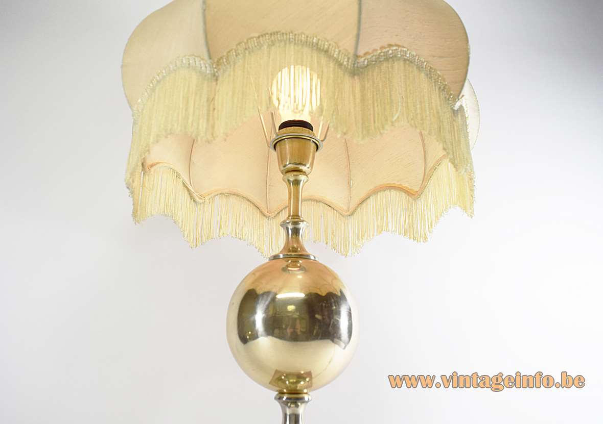 1970s silver plated table lamp square base big globe kitsch fabric frills lampshade Maison Barbier
