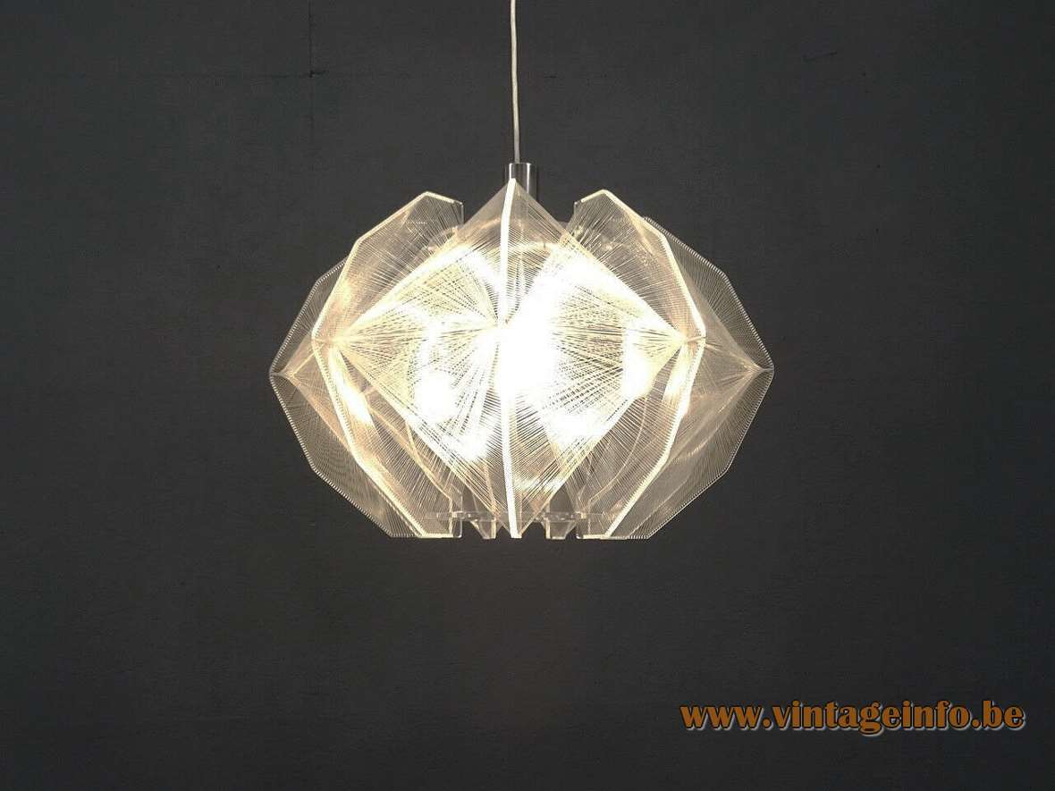 1970s Sompex pendant lamp design: Paul Secon geometric clear acrylic slats nylon thread 1960s Germany
