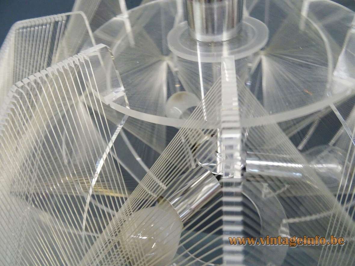 1970s Sompex pendant lamp design: Paul Secon geometric clear acrylic slats nylon thread 1960s Germany