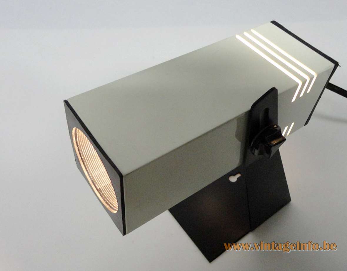 1970s square tube table lamp white aluminium beam elongated slots flat black iron base Brilliant Leuchten 
