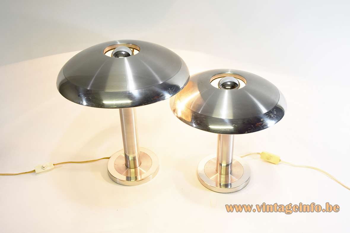 Aluminium mushroom desk lamps polished brushed metal base rod & lampshade Boulanger Belgium 1960s 1970s E27 socket