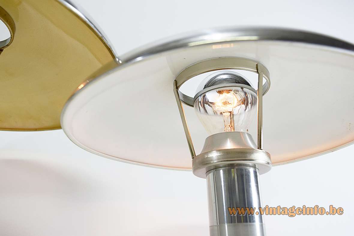 Aluminium mushroom desk lamps polished brushed metal base rod & lampshade Boulanger Belgium 1960s 1970s E27 socket