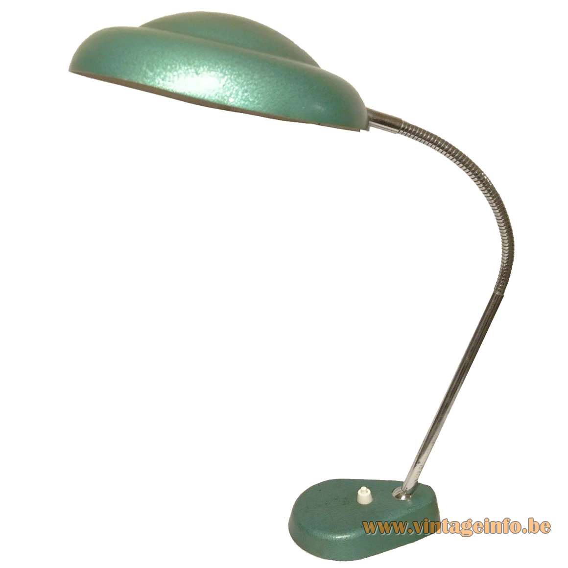 Aluminor gooseneck UFO desk lamp green metallic hammer paint oval base brass rod 1950s 1960s France 