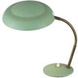 Aluminor gooseneck UFO desk lamp mint green wrinkle paint round base brass rod 1950s 1960s France