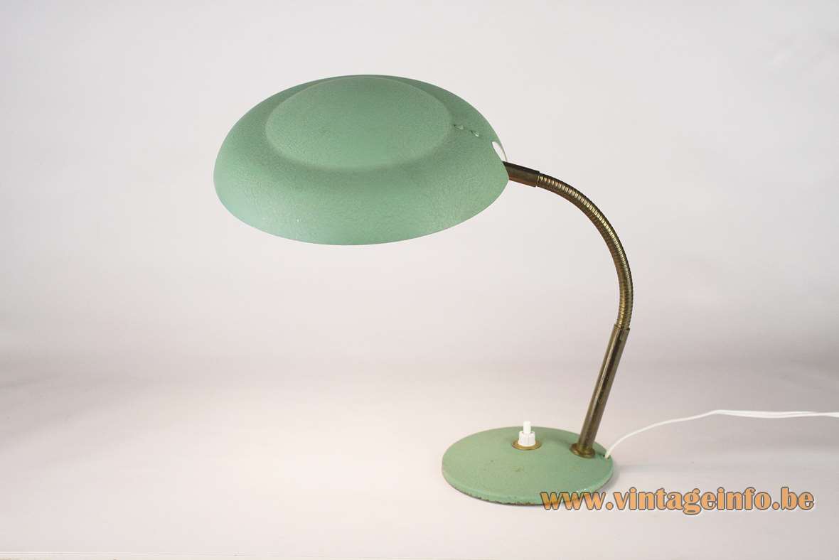 Aluminor gooseneck UFO desk lamp mint green wrinkle paint round base brass rod 1950s 1960s France 