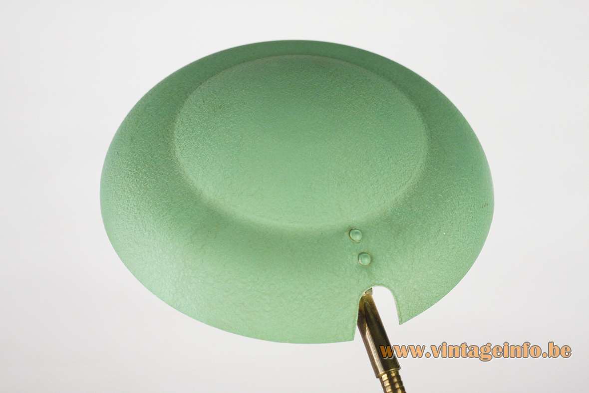 Aluminor gooseneck UFO desk lamp mint green wrinkle paint round base brass rod 1950s 1960s France 