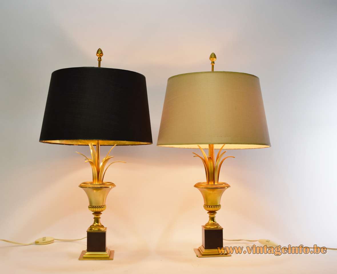 Boulanger brass reed table lamps square black urn base metal palm leaves fabric lampshade 1970s 1980s
