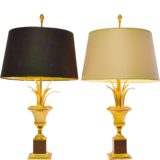 Boulanger brass reed table lamps square black urn base metal palm leaves fabric lampshade 1970s 1980s