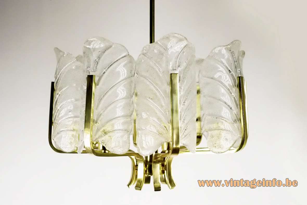 Carl Fagerlund Acanthus Orrefors chandelier 8 bubble glass leaves folded brass rods 1960s 1970s Sweden