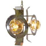 Chrome and amber veined glass chandelier with 3 DORIA globes and metal slats chain 1960s 1970s