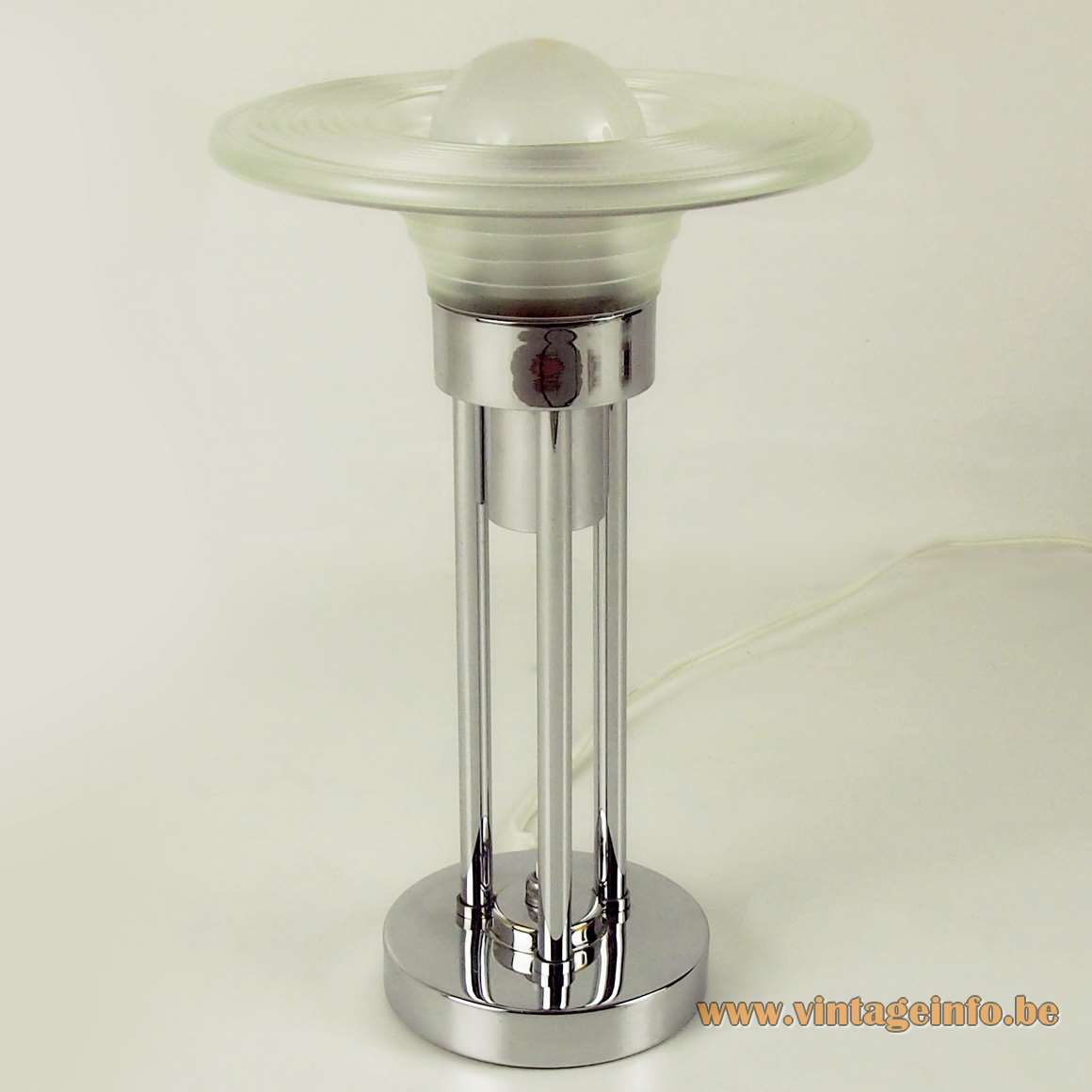 Claude-Paz Et Silva Table Lamp Chrome mushroom round base pressed glass diffusser 1930s 1940s 1950s