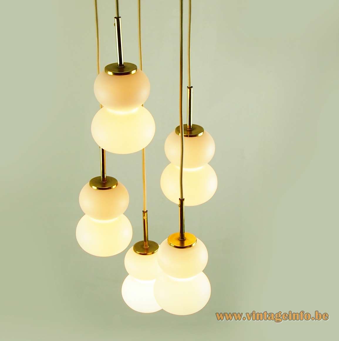 DORIA pumpkin cascade pendant chandelier 5 frosted glass calabash style globes brass rods 1960s 1970s Germany