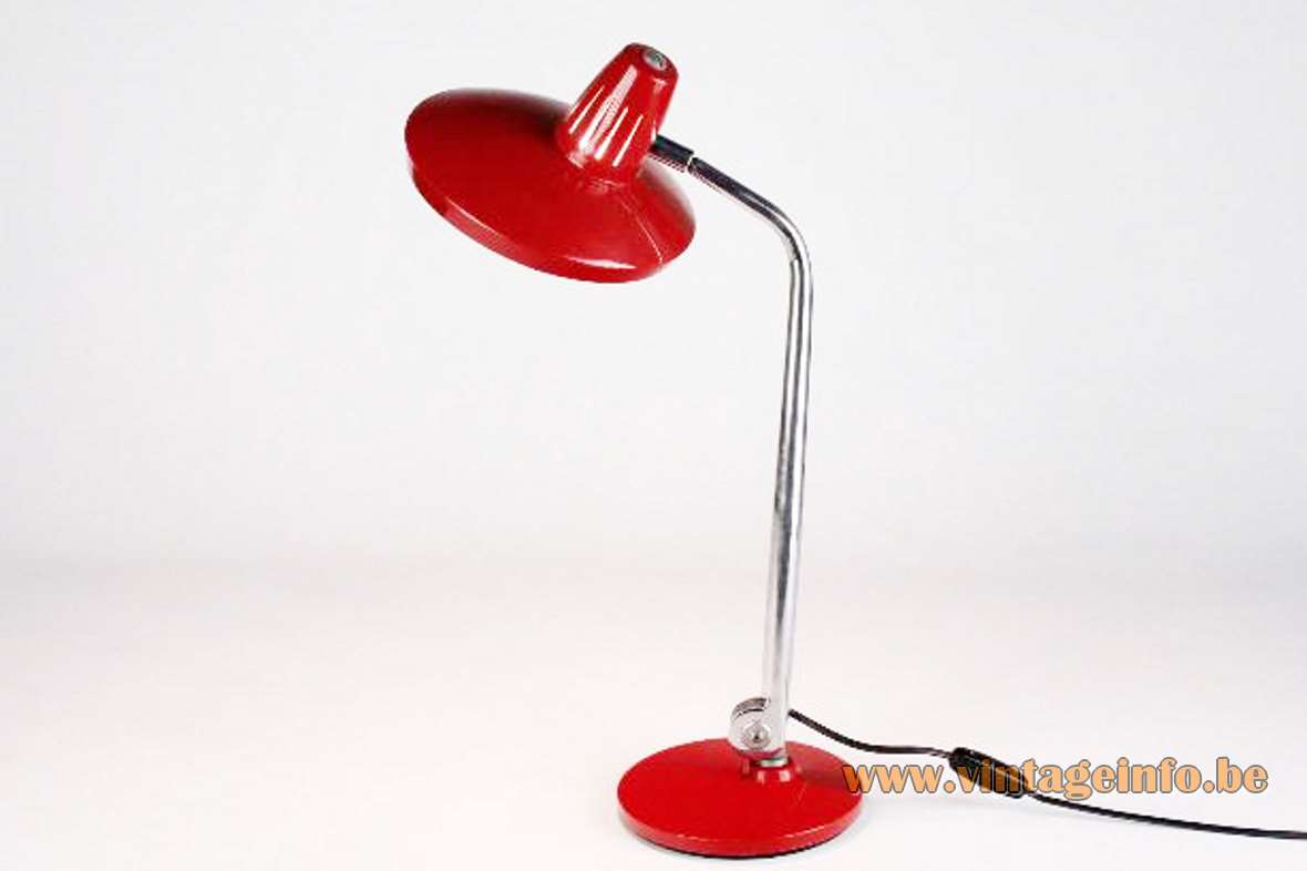 Fase Faro desk lamp round red metal base adjustable chrome rod round red lampshade 1970s Spain