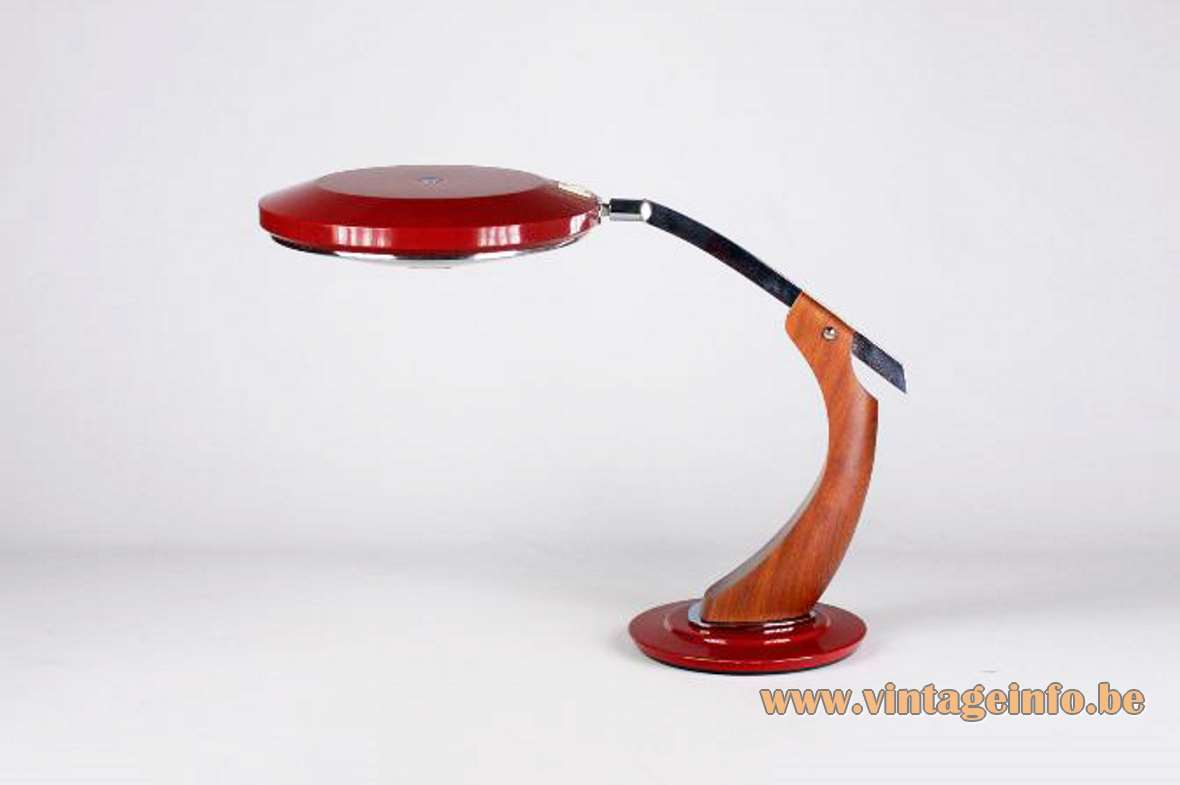 Fase President S/C desk lamp red round base curved wood UFO lampshade glass diffuser 1970s Spain