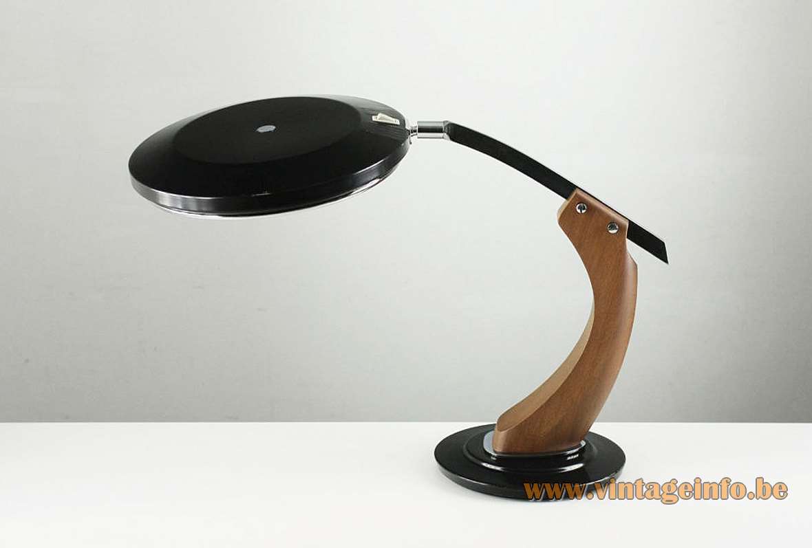 Fase President S/C Desk Lamp black round base wood arm UFO lampshade glass diffuser Spain 1970s MCM