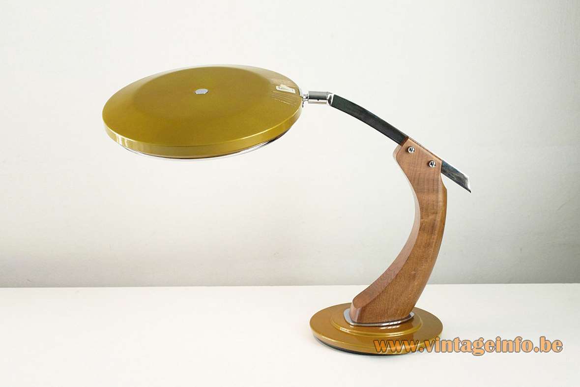 Fase President S/C Desk Lamp ocher round base wood arm UFO lampshade glass diffuser Spain 1970s MCM