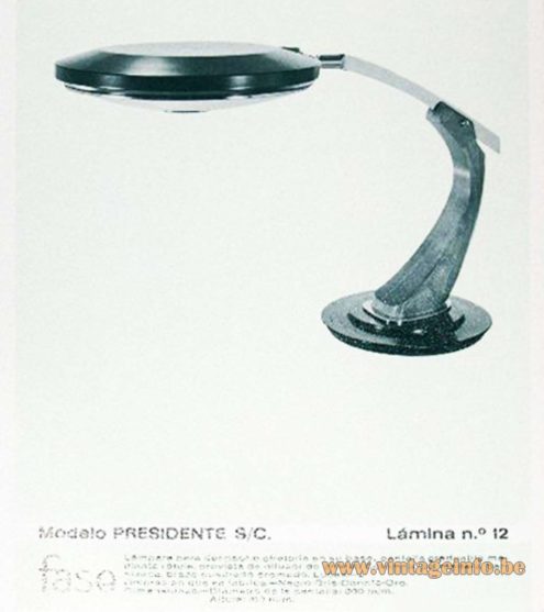 Fase President S/C Desk Lamp round base wood arm UFO lampshade glass diffuser Spain 1970s catalogue picture
