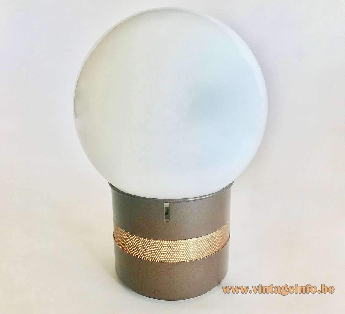 Gae Aulenti Mezzoracolo table or floor lamp 1973 design brown metal base opal glass globe 1970s Artemide 