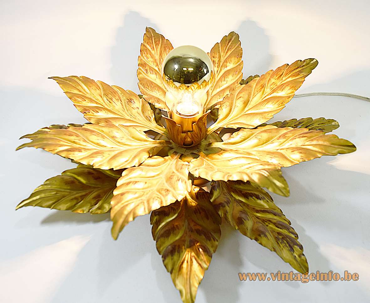 Hans Kögl gold flower flush mount 19 metal leaves E27 socket gold tipped light bulb 1980s Germany