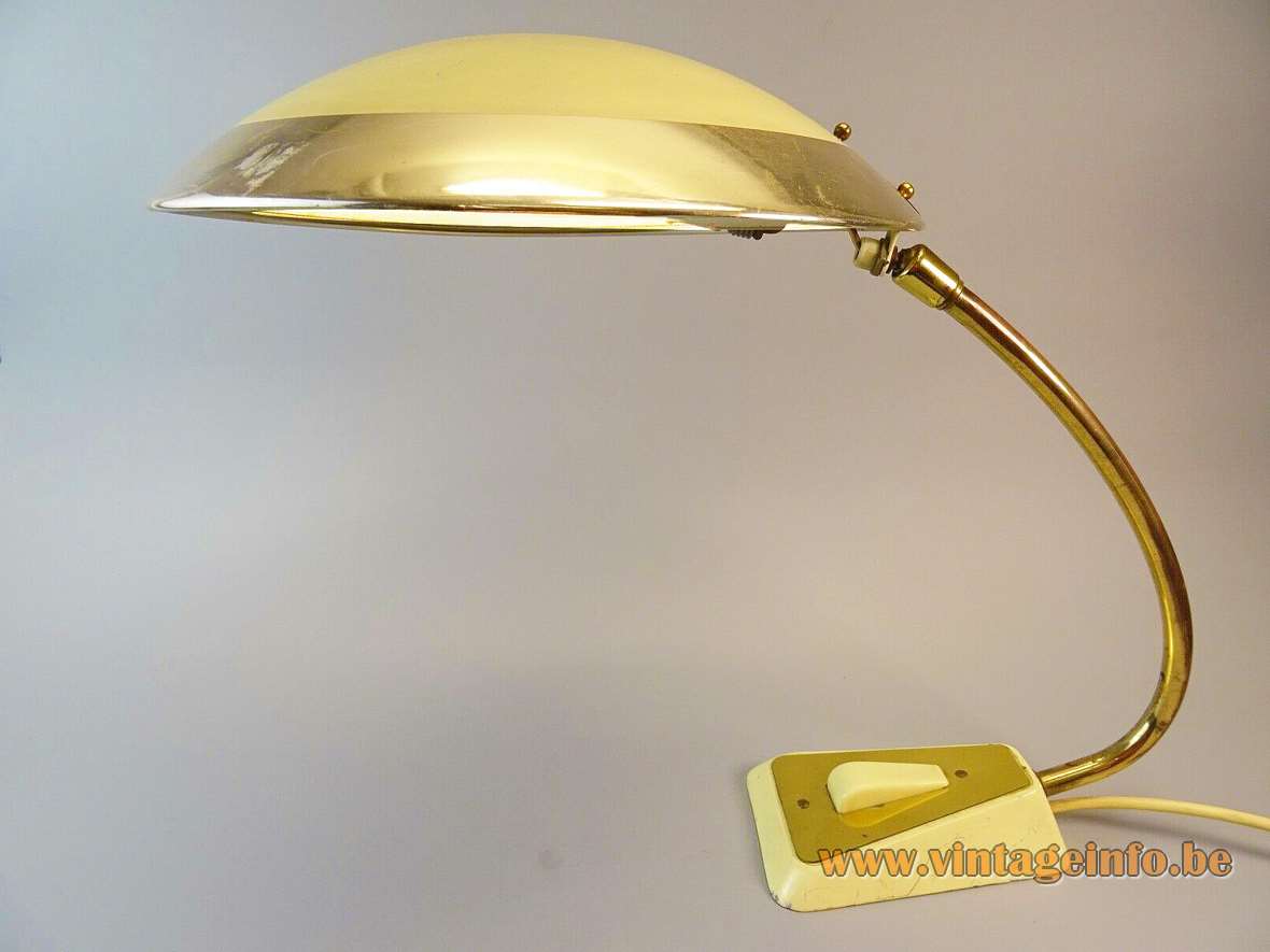 Helo Leuchten brass desk lamp cream cast iron trapezoid base curved rod mushroom lampshade 1950s 1960s