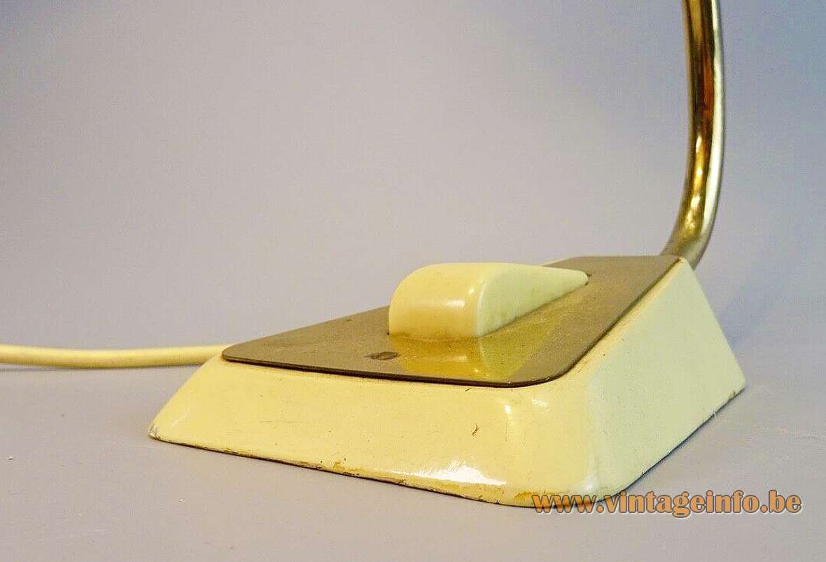Helo Leuchten brass desk lamp cream cast iron trapezoid base curved rod mushroom lampshade 1950s 1960s