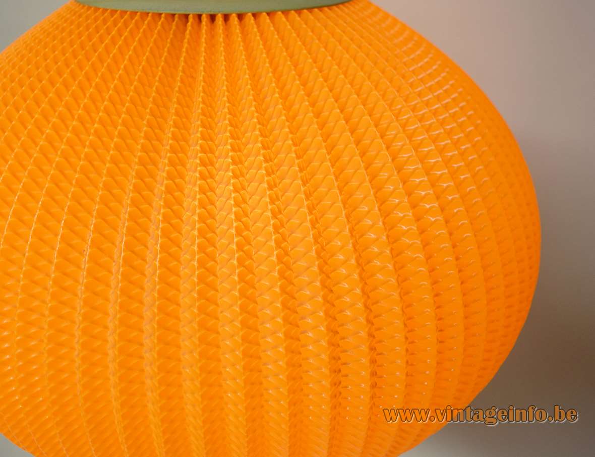 Orange Pearlshade pendant lamp folded pleated celluloid Rhodoïd plastic globe lampshade Hoyrup Rispal Denmark 1960s 1970s