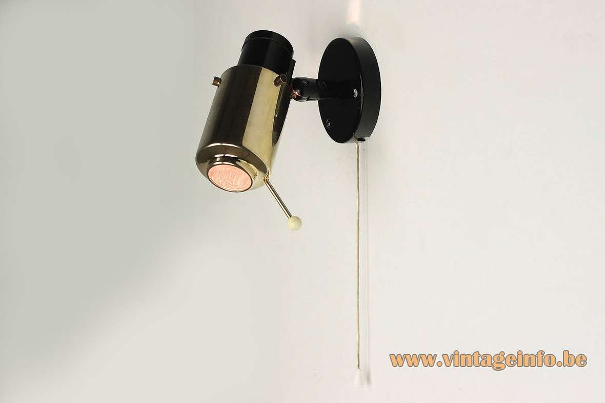 Jacques Biny Lita Zodiaque Projector Lamp 1950s 1960s lens wall lamp brass round black base MCM