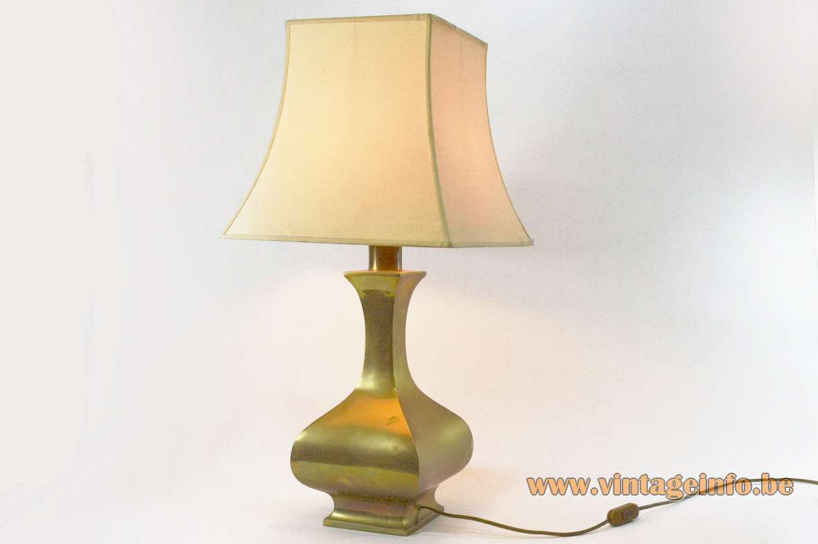 Maria Pergay style table lamp brass square base pagoda fabric lampshade 1970s 1980s Balustre Massive Belgium