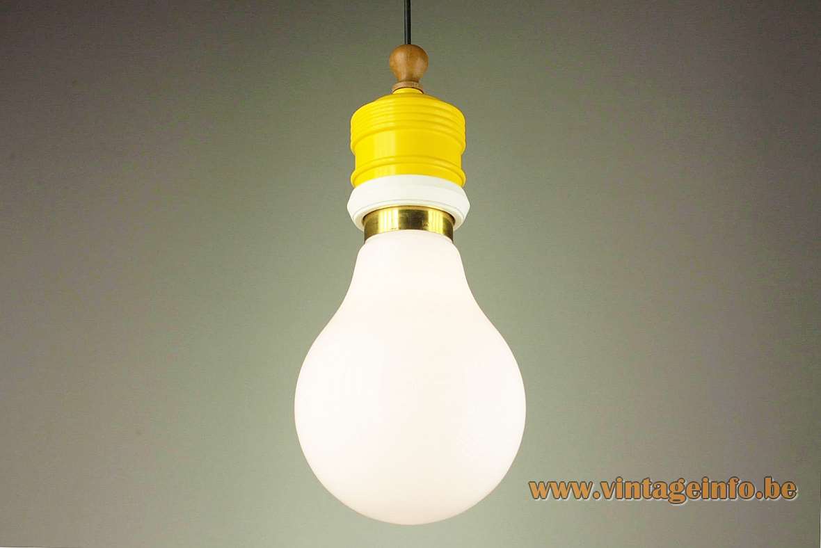 Metalarte bulb pendant lamp white opal globe lampshade yellow metal wood top 1970s 1980s Spain