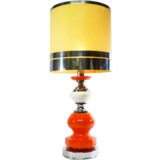 Orange ceramic table lamp chrome hexagonal base white globe tubular fabric lampshade 1960s 1970s Massive Belgium