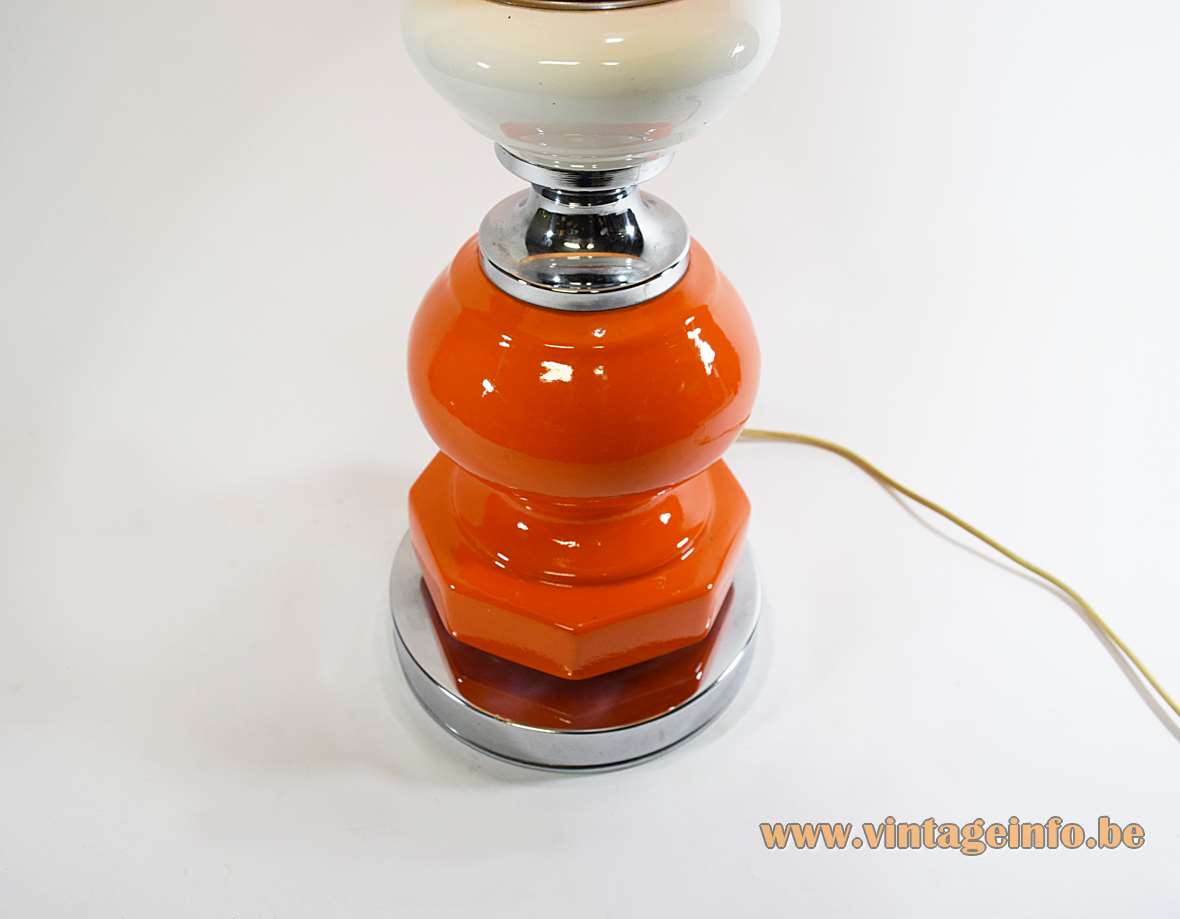 Orange ceramic table lamp chrome hexagonal base white globe tubular fabric lampshade 1960s 1970s Massive Belgium