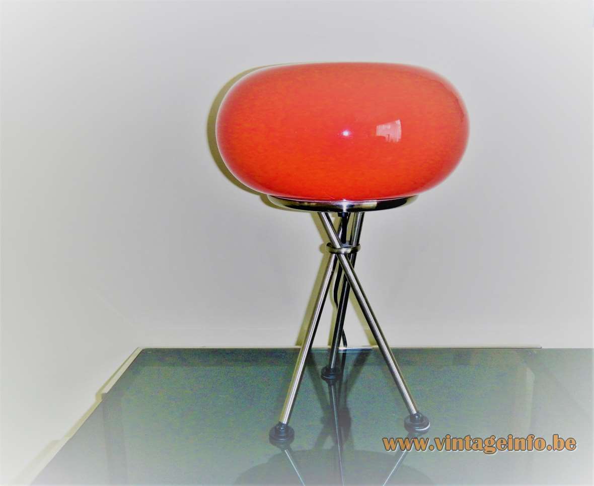 TRIO Leuchten Olympic table lamp chrome tripod base red glass globe lampshade 1990s 2000s Germany