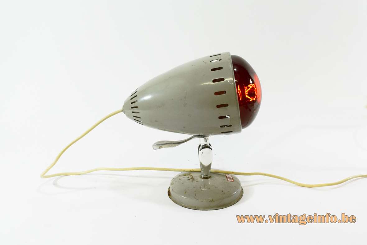 1960s Infrared Table Lamp grey painted metal round base Tungsram 250 watt light bulb 1950s MCM